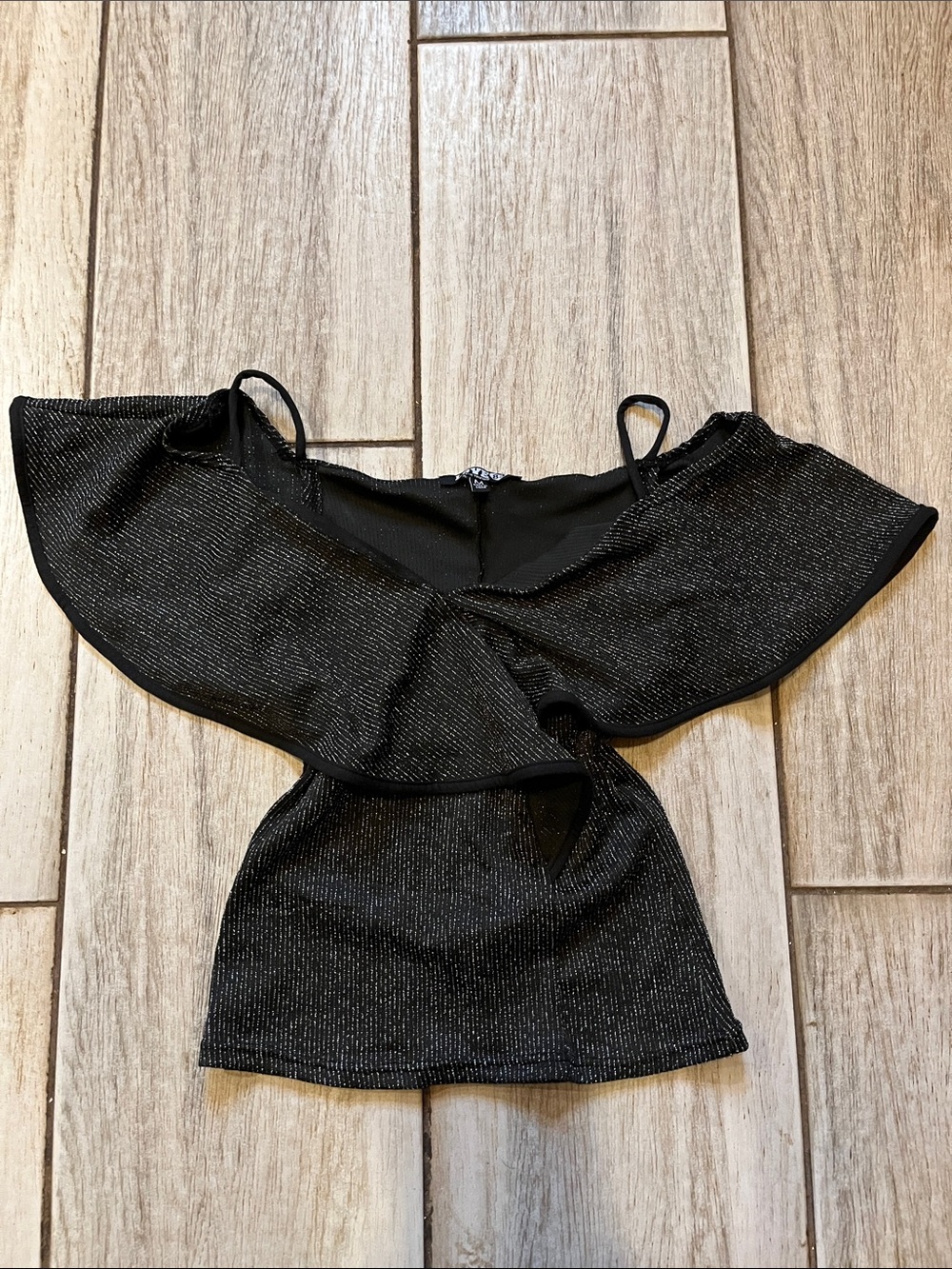 Forever 21 Black Shimmery Ruffle Off-Shoulder Crop Top